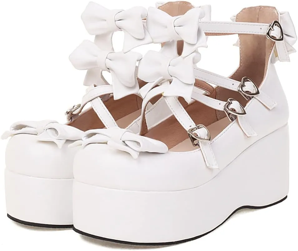 Elbslutt Womens Goth Mary Jane Shoes Platform Kawaii Cosplay Girls Lolita Shoes Round Toe Buckle Cross-Tied Strap Chunky Wedge Heel Bow Y2k Ankle Strap Dress Pumps Oxfords Shoes