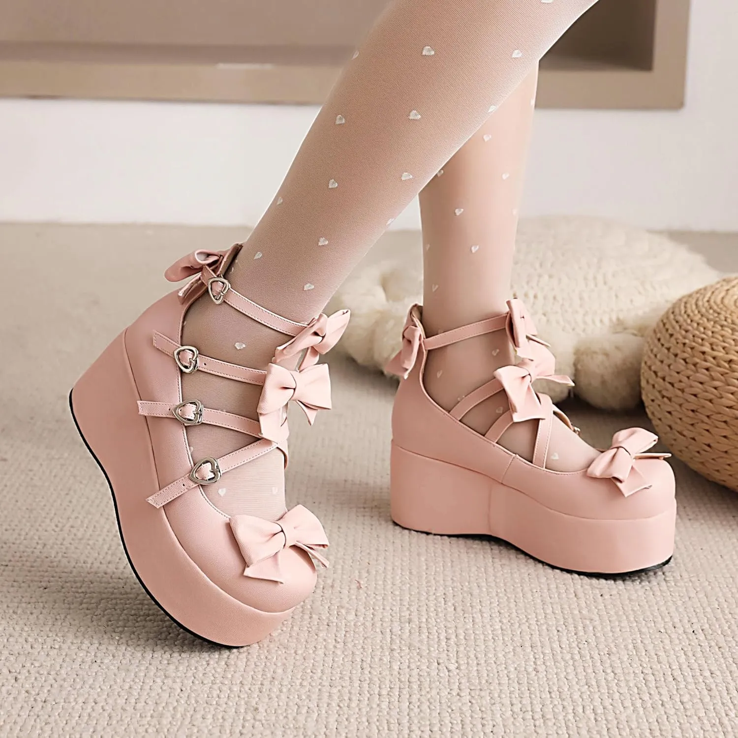 Elbslutt Womens Goth Mary Jane Shoes Platform Kawaii Cosplay Girls Lolita Shoes Round Toe Buckle Cross-Tied Strap Chunky Wedge Heel Bow Y2k Ankle Strap Dress Pumps Oxfords Shoes