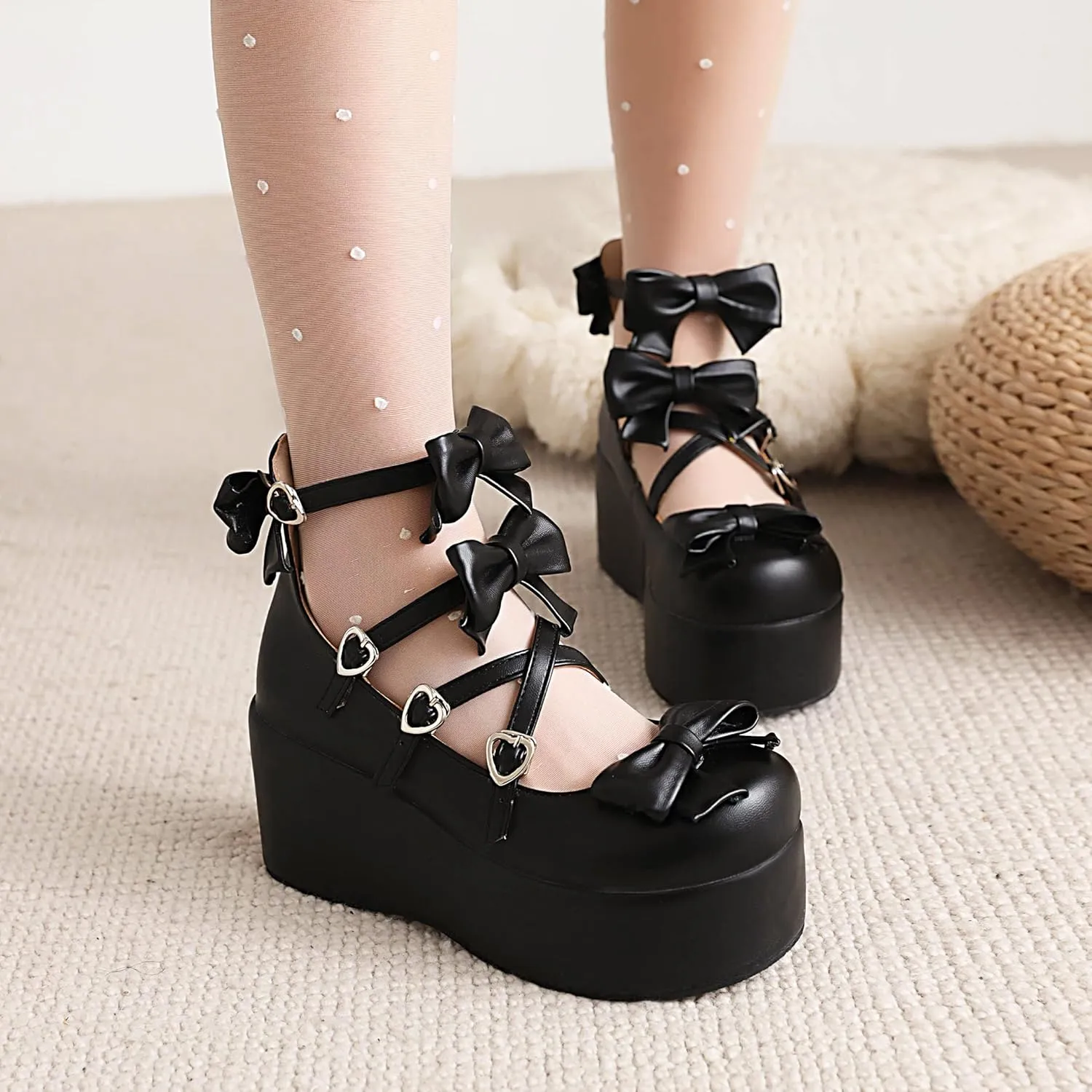 Elbslutt Womens Goth Mary Jane Shoes Platform Kawaii Cosplay Girls Lolita Shoes Round Toe Buckle Cross-Tied Strap Chunky Wedge Heel Bow Y2k Ankle Strap Dress Pumps Oxfords Shoes