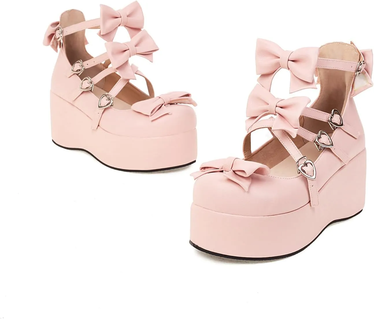 Elbslutt Womens Goth Mary Jane Shoes Platform Kawaii Cosplay Girls Lolita Shoes Round Toe Buckle Cross-Tied Strap Chunky Wedge Heel Bow Y2k Ankle Strap Dress Pumps Oxfords Shoes