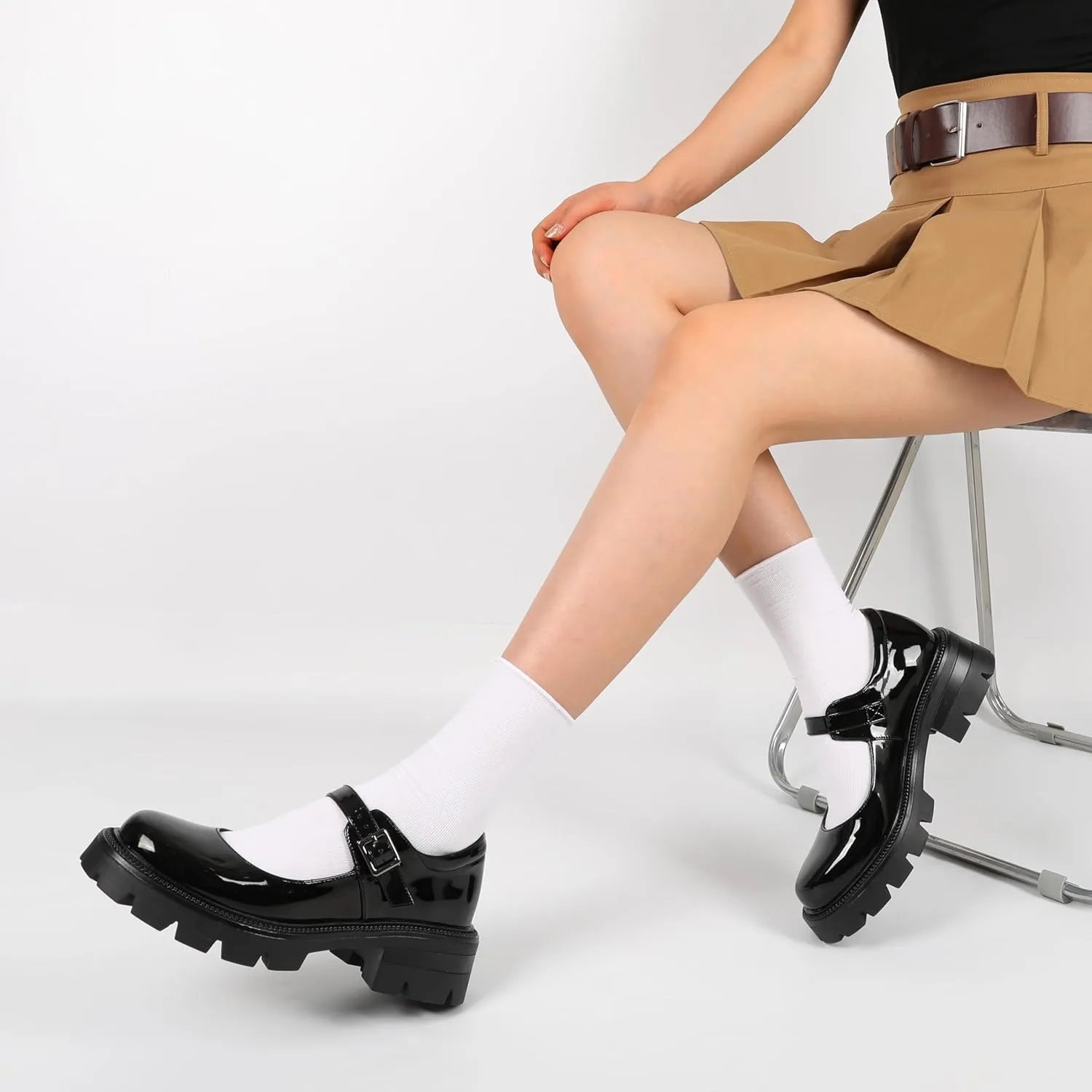 Eldof Women's Mary Jane Shoes Platform Lug Sole Low Heel Chunky Pumps Round Toe Ankle Strap Oxfords Dress Shoes for Uniform Graduation School Work 2 Inches