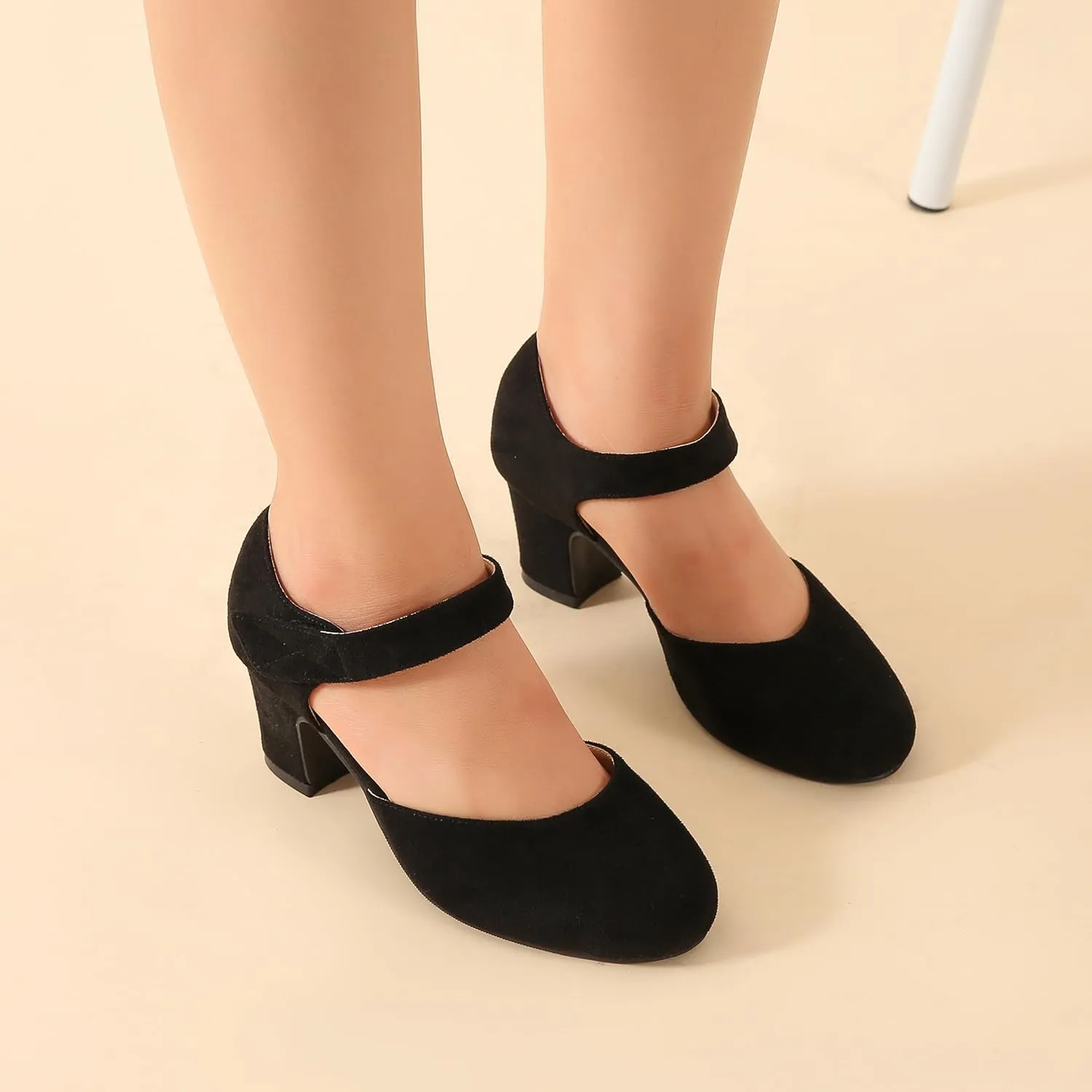 Enelauge Women's Ankle Strap Block Chunky Heels Closed Round Toe Pumps D'Orsay Comfortable Vintage Dressy Bridal Wedding Party Shoes