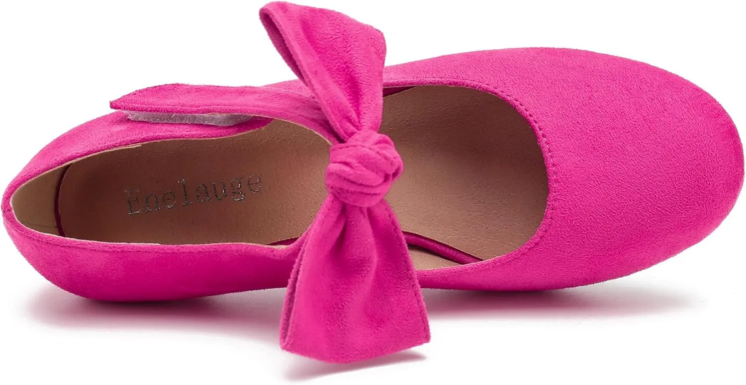Enelauge Women's Bow Mary Jane Pumps Low Kitten Heels Round Toe Ankle Strap Wedding Office Work Dress Evening Party Shoes