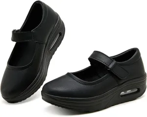EnllerviiD Women Mary Jane Shoes Buckle Air-Cushion Casual Chunky Heel Round Toe Uniform Dress Platform Wedge Shoes Comfort Pumps Walking Shoes