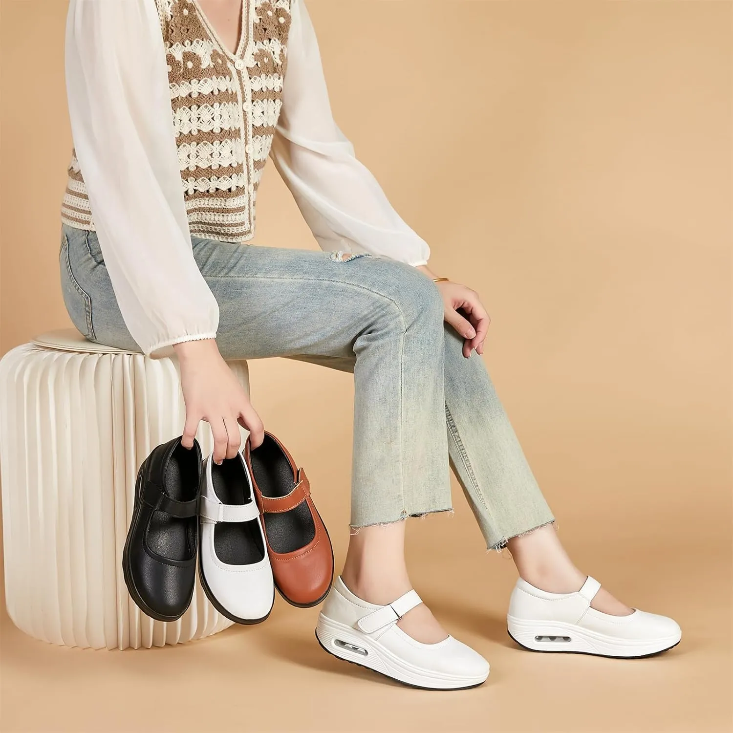 EnllerviiD Women Mary Jane Shoes Buckle Air-Cushion Casual Chunky Heel Round Toe Uniform Dress Platform Wedge Shoes Comfort Pumps Walking Shoes