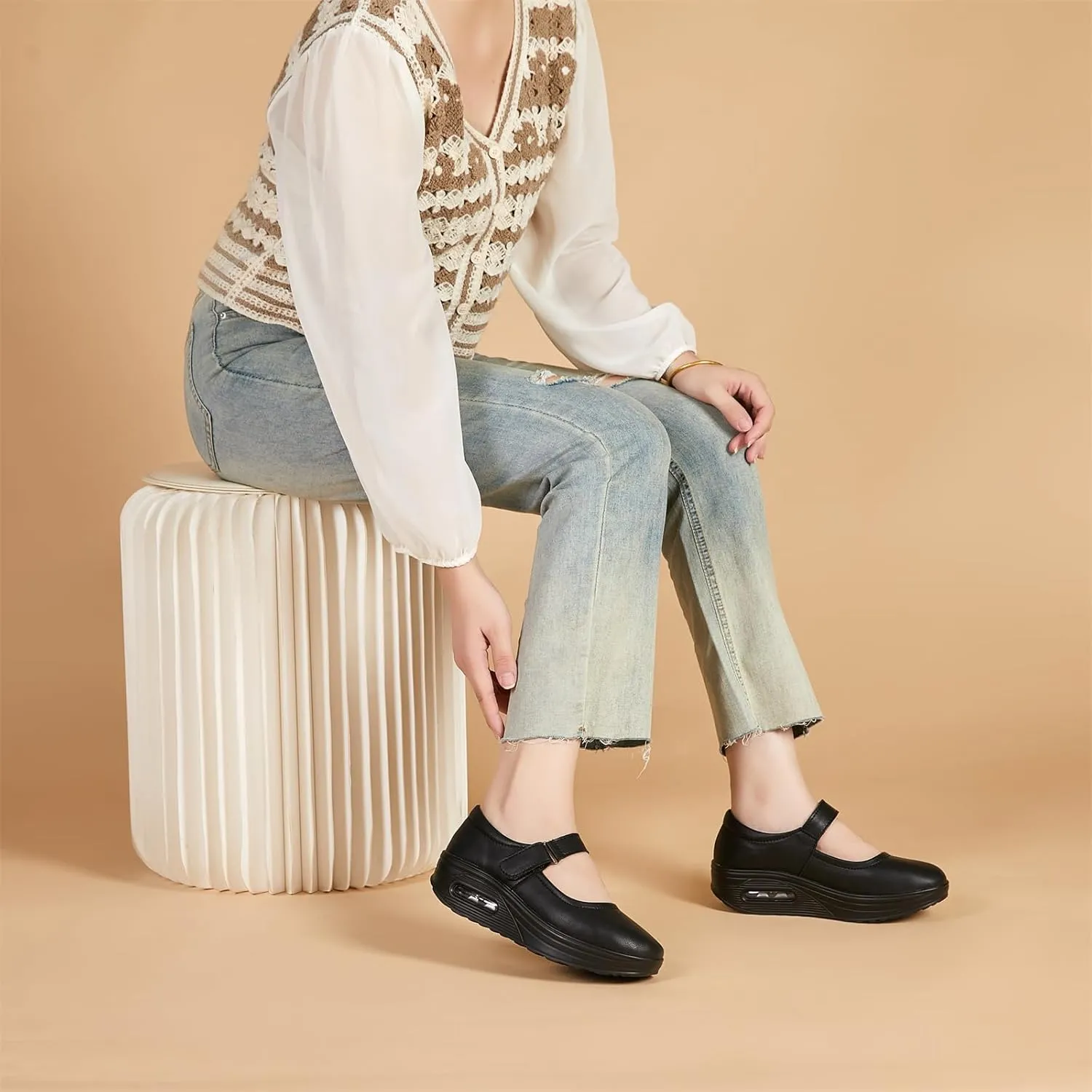 EnllerviiD Women Mary Jane Shoes Buckle Air-Cushion Casual Chunky Heel Round Toe Uniform Dress Platform Wedge Shoes Comfort Pumps Walking Shoes