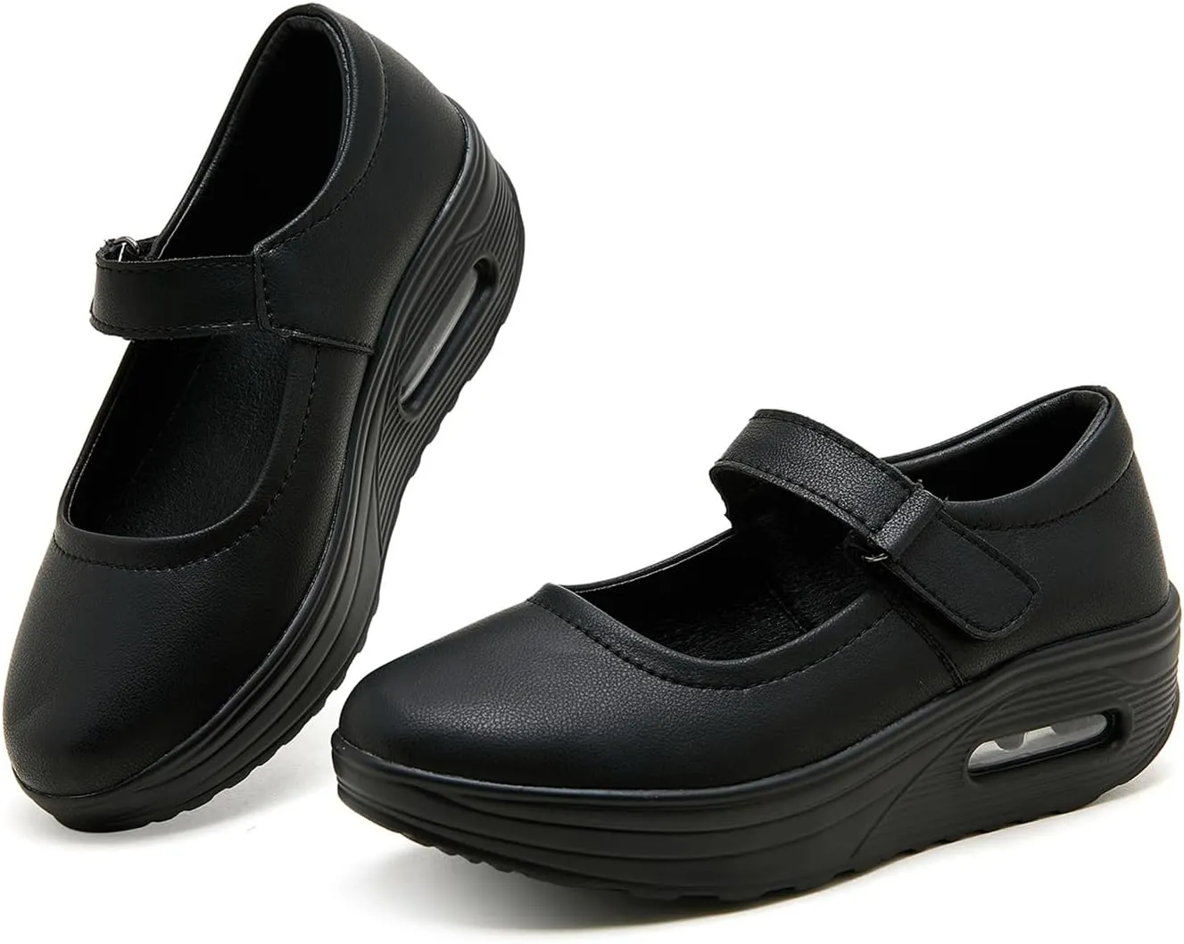 EnllerviiD Women Mary Jane Shoes Buckle Air-Cushion Casual Chunky Heel Round Toe Uniform Dress Platform Wedge Shoes Comfort Pumps Walking Shoes