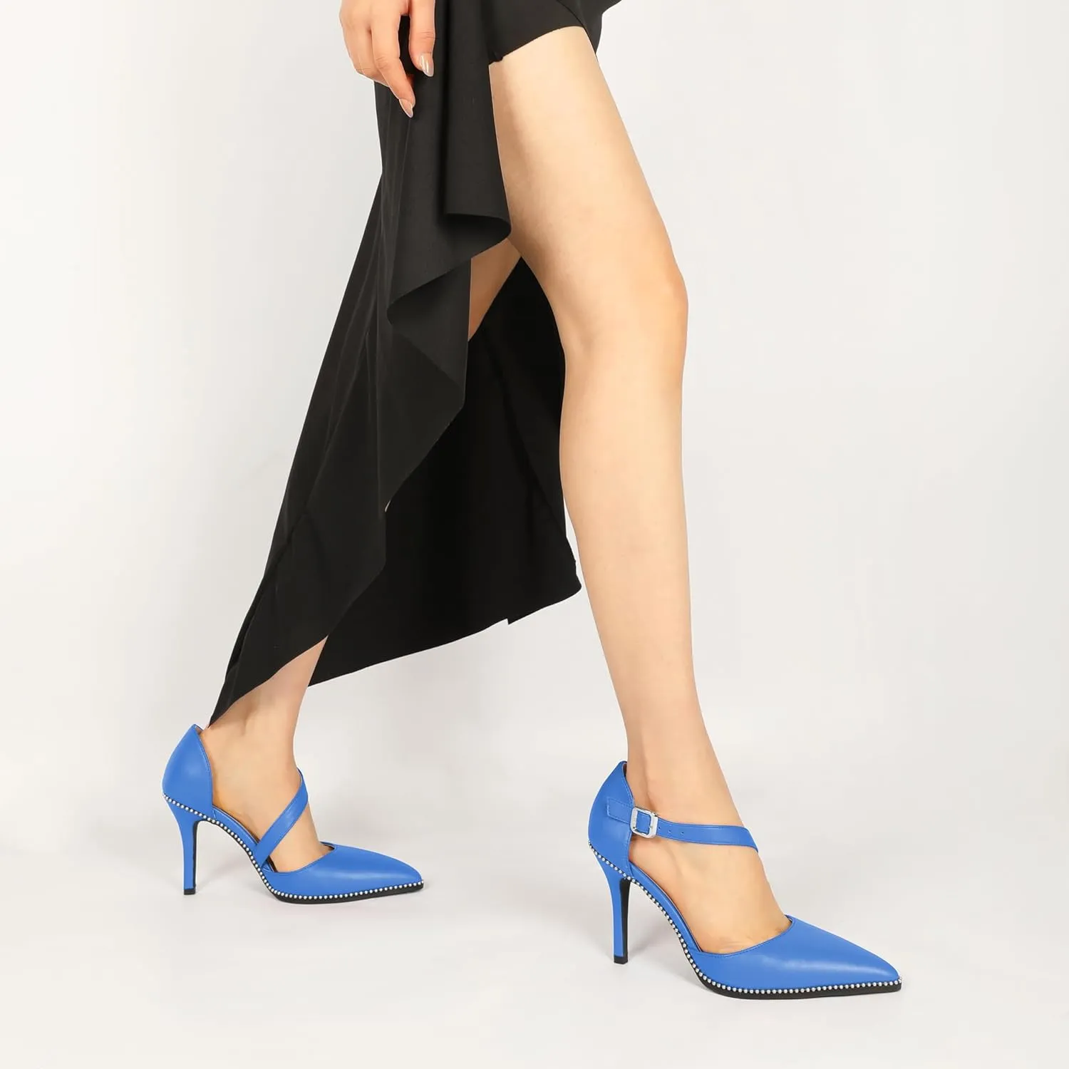 Esvowido Pointed Closed Toe Heels for Women Beaded Ankle Strap Pumps D'Orsay Stiletto High Heels Office Party Wedding 3.5 Inch Dress Shoes