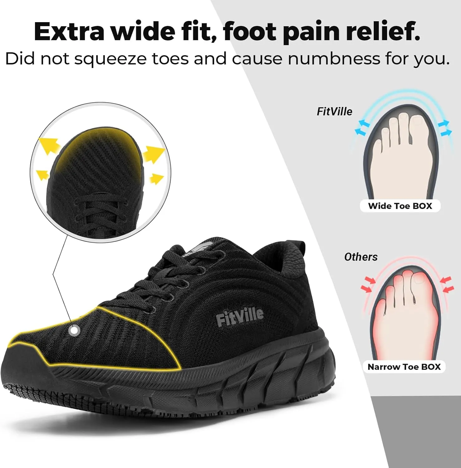 FitVille Wide Toe Box Shoes Women Comfortable Non Slip Extra Wide Running Shoes for Women with Swollen Feet Lightweight