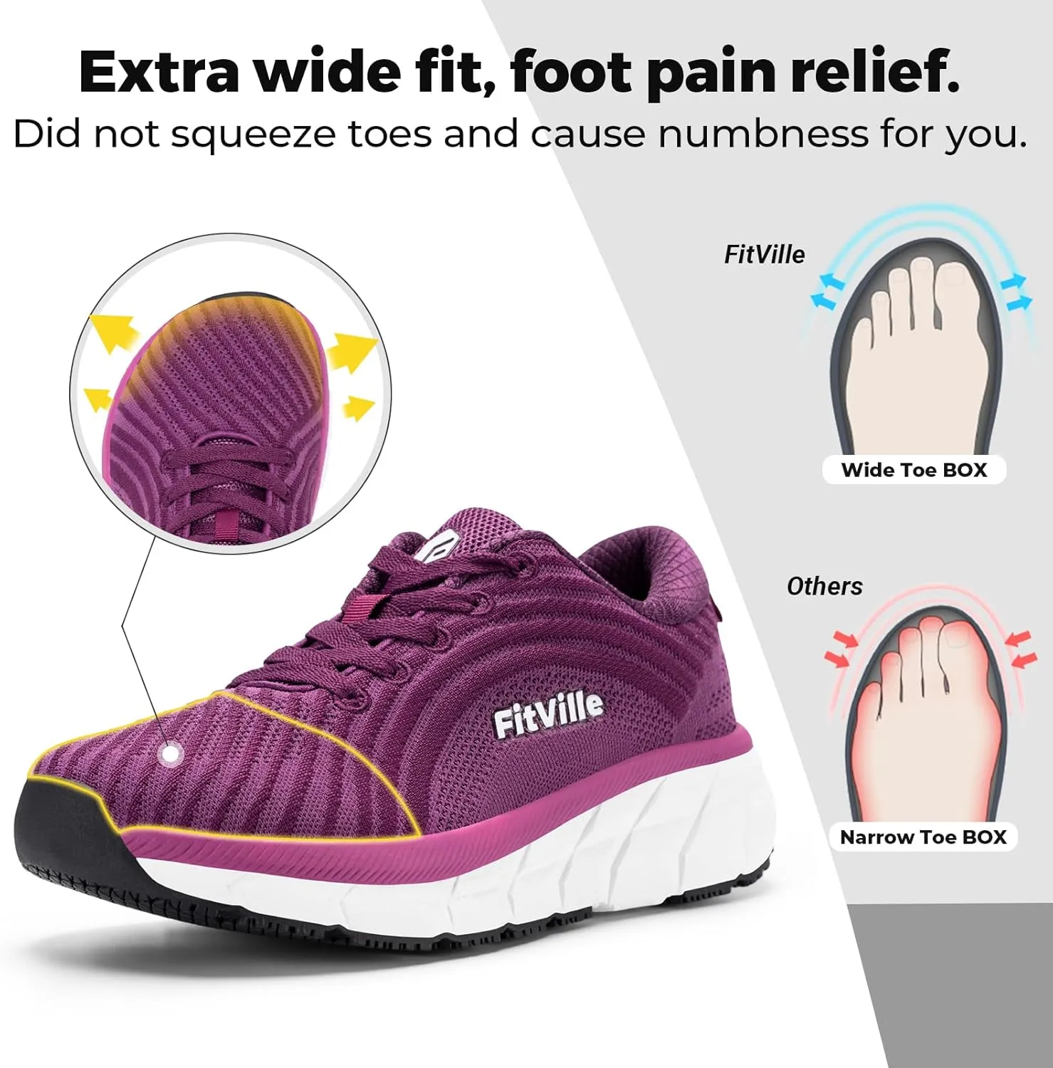 FitVille Wide Toe Box Shoes Women Comfortable Non Slip Extra Wide Running Shoes for Women with Swollen Feet Lightweight