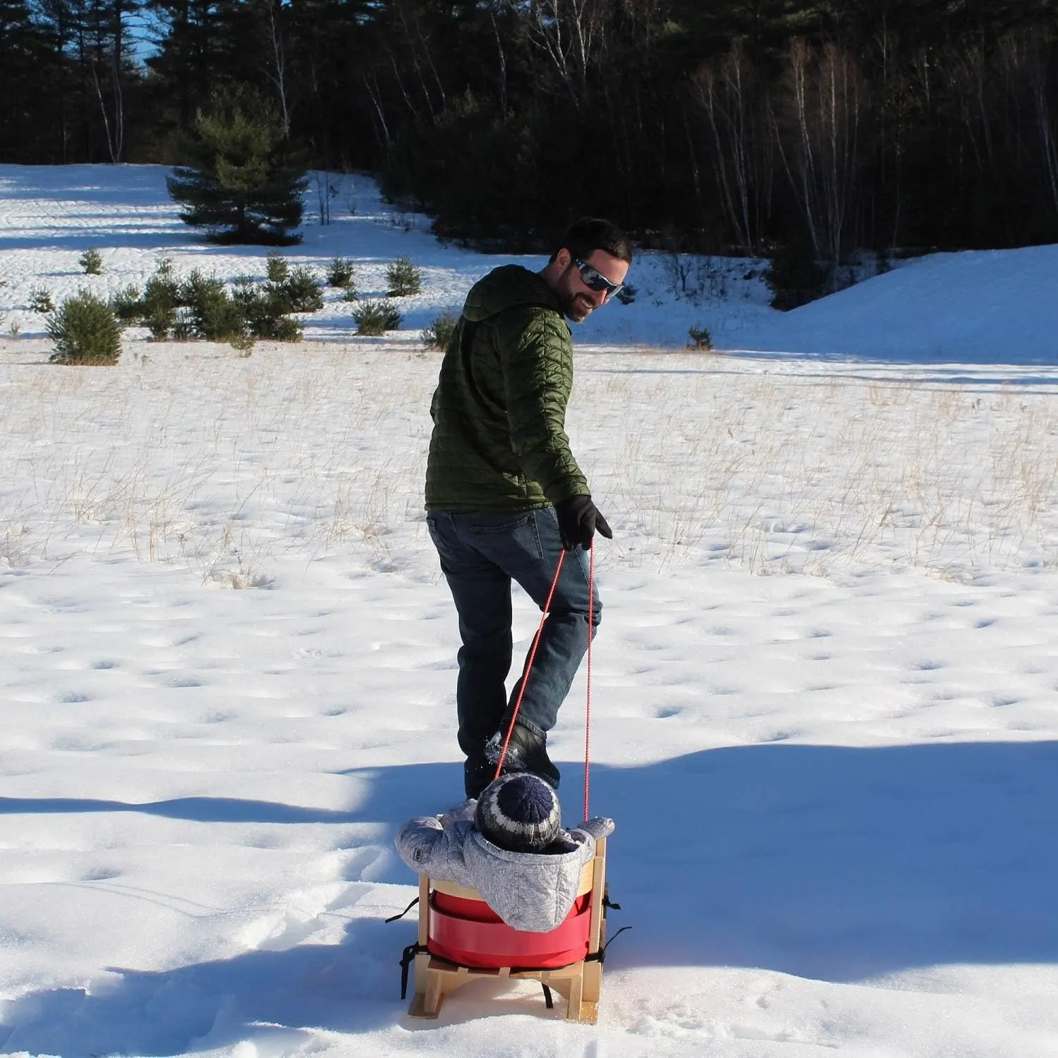 Flexible Flyer Baby Snow Sled Toddler Toboggan. Wood Pull Sleigh for Kids