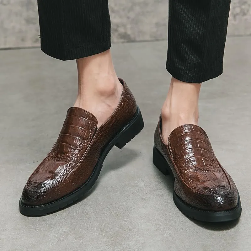 Formal Oxford Shoes for Men Slip On Round Burnished Toe Crocodile Print Apron Toe Rubber Sole Resistant Non Slip Block Heel Low Top Outdoor