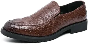 Formal Oxford Shoes for Men Slip On Round Burnished Toe Crocodile Print Apron Toe Rubber Sole Resistant Non Slip Block Heel Low Top Outdoor
