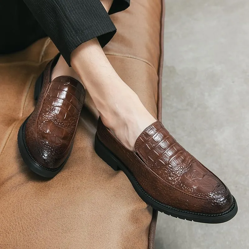 Formal Oxford Shoes for Men Slip On Round Burnished Toe Crocodile Print Apron Toe Rubber Sole Resistant Non Slip Block Heel Low Top Outdoor