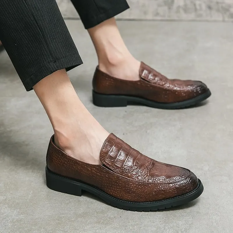 Formal Oxford Shoes for Men Slip On Round Burnished Toe Crocodile Print Apron Toe Rubber Sole Resistant Non Slip Block Heel Low Top Outdoor