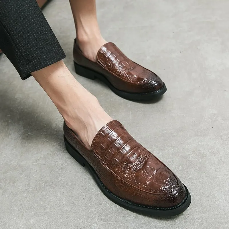Formal Oxford Shoes for Men Slip On Round Burnished Toe Crocodile Print Apron Toe Rubber Sole Resistant Non Slip Block Heel Low Top Outdoor
