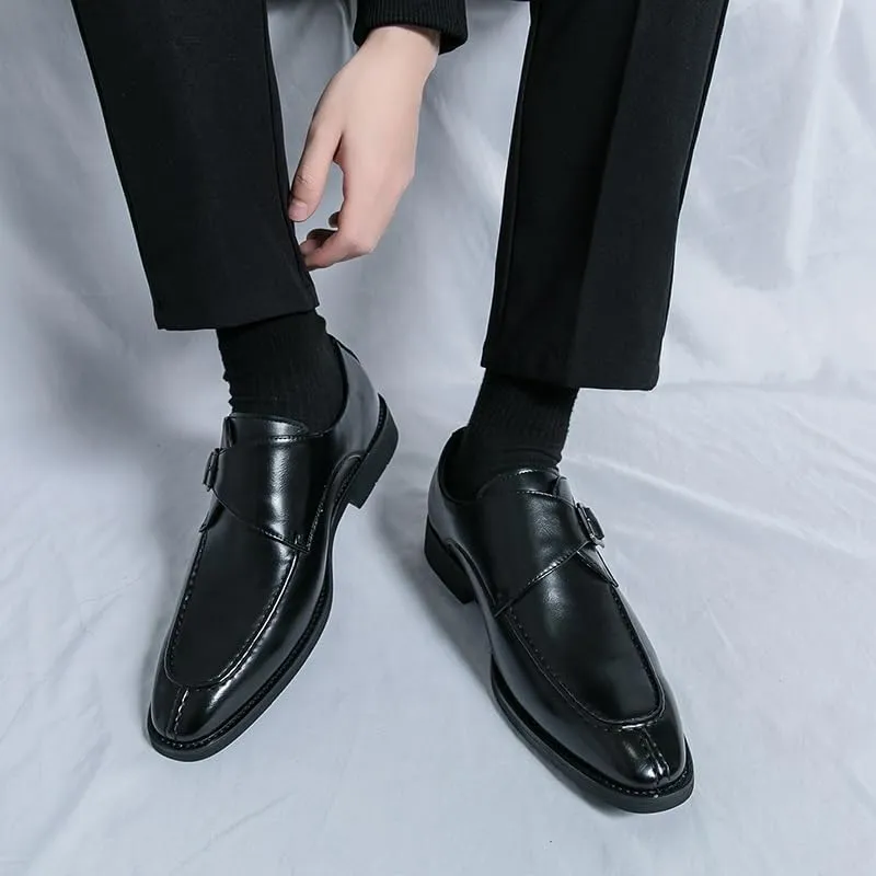Formal Oxford Shoes for Men Slip On Square Burnished Toe Monk Strap Split Toe Vegan Leather Anti-Slip Block Heel Non Slip Walking