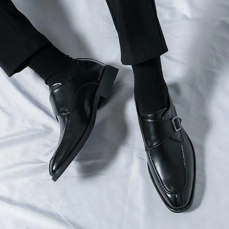 Formal Oxford Shoes for Men Slip On Square Burnished Toe Monk Strap Split Toe Vegan Leather Anti-Slip Block Heel Non Slip Walking