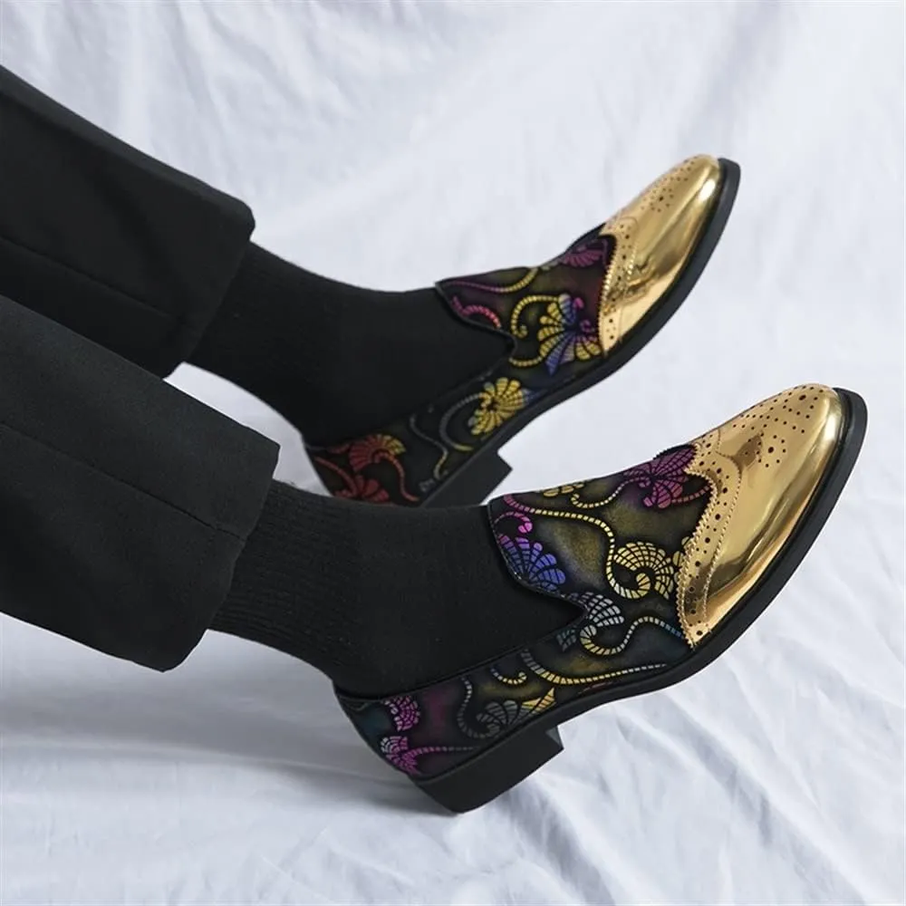 Formal Shoes for Men Slip On Gold Brogue Embossed Wing tip Floral Patchwork Anti-Slip Non Slip Block Heel Rubber Sole Low Top Casual