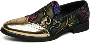 Formal Shoes for Men Slip On Gold Brogue Embossed Wing tip Floral Patchwork Anti-Slip Non Slip Block Heel Rubber Sole Low Top Casual