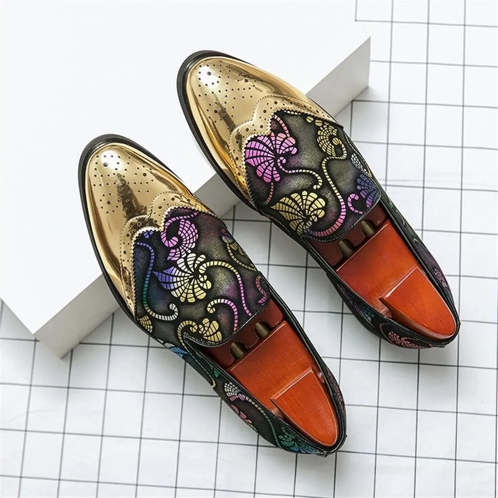 Formal Shoes for Men Slip On Gold Brogue Embossed Wing tip Floral Patchwork Anti-Slip Non Slip Block Heel Rubber Sole Low Top Casual