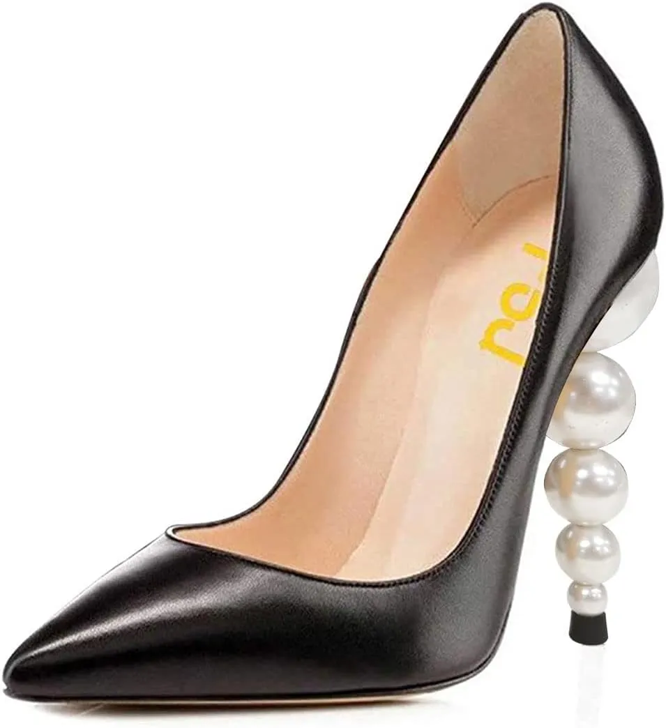FSJ Slip On Pearl Beaded High Heel Slip On Pump Pointed Toe Mirror Effect Classic Party Club Shoe for Women 4-15 US