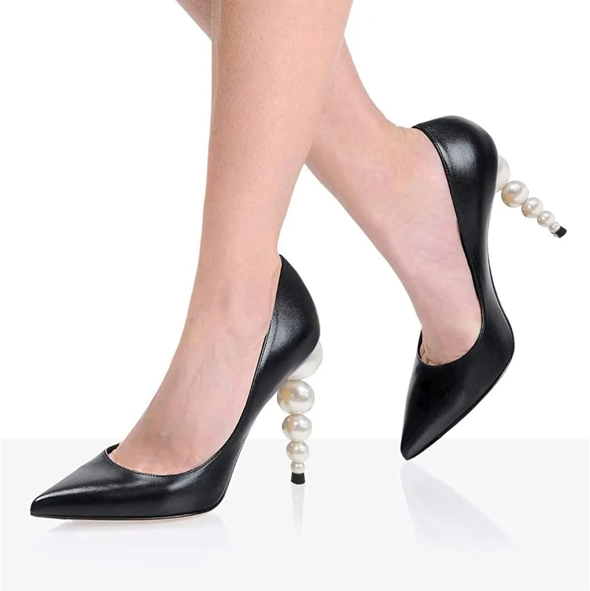 FSJ Slip On Pearl Beaded High Heel Slip On Pump Pointed Toe Mirror Effect Classic Party Club Shoe for Women 4-15 US