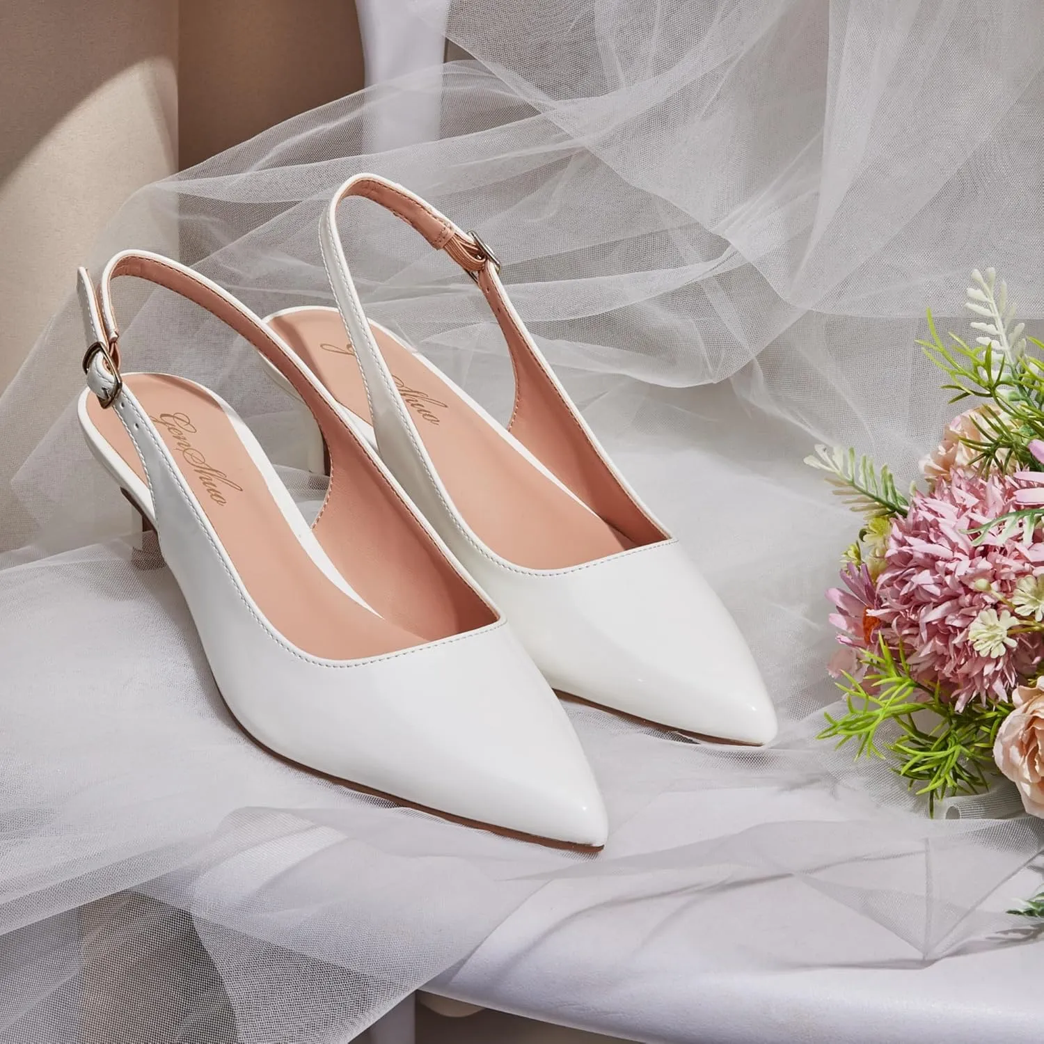 GENSHUO Low Kitten Heels Women's Slingback Dressy Pumps Pointed Closed Toe Ankle Strap Elegant Wedding Pumps Formal Comfortable Shoes