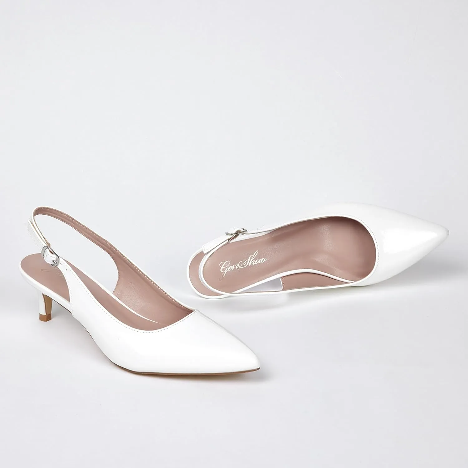 GENSHUO Low Kitten Heels Women's Slingback Dressy Pumps Pointed Closed Toe Ankle Strap Elegant Wedding Pumps Formal Comfortable Shoes