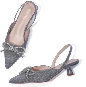 GENSHUO Slingback Rhinestone Bow Heels for Women Closed Pointed Toe Kitten Pumps Slip On Stilettos Wedding Bride Dress Shoes