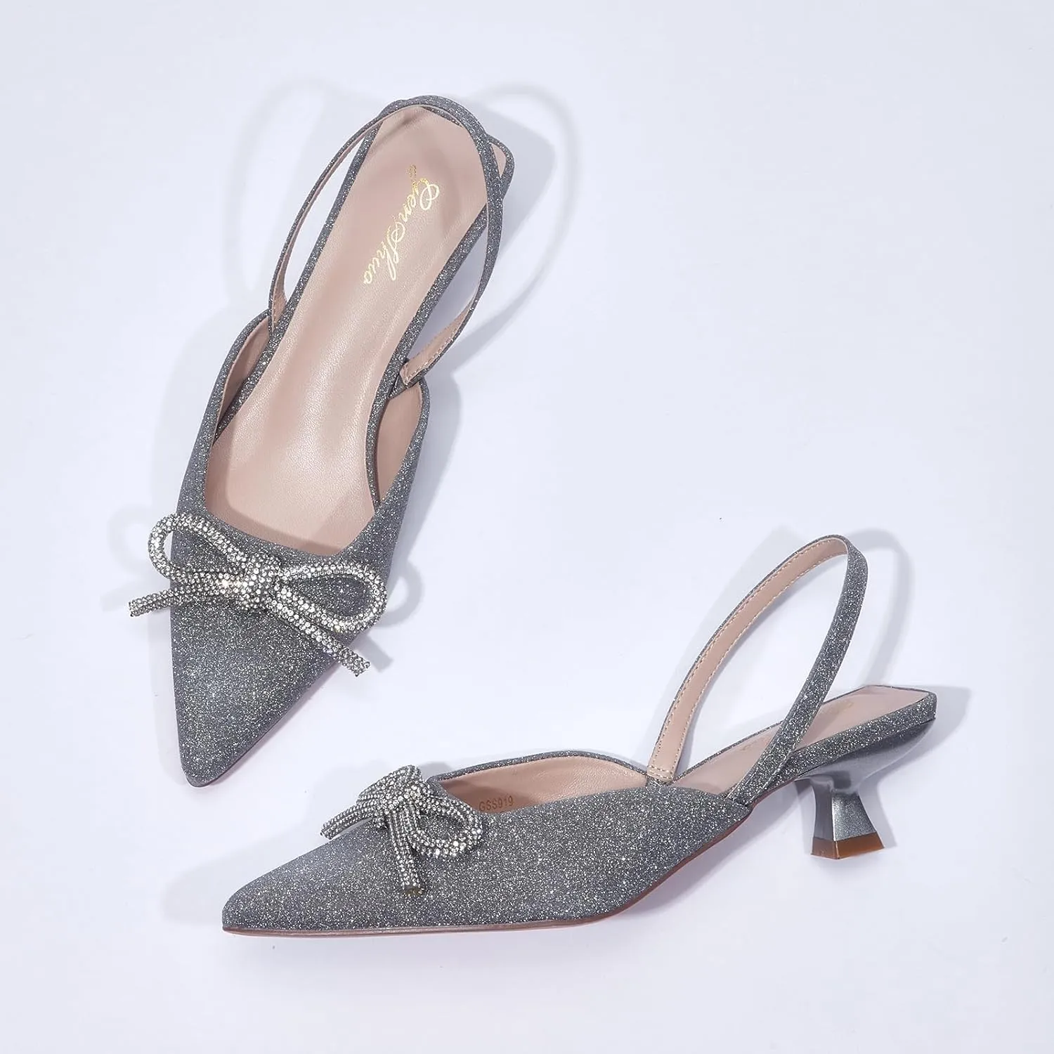 GENSHUO Slingback Rhinestone Bow Heels for Women Closed Pointed Toe Kitten Pumps Slip On Stilettos Wedding Bride Dress Shoes