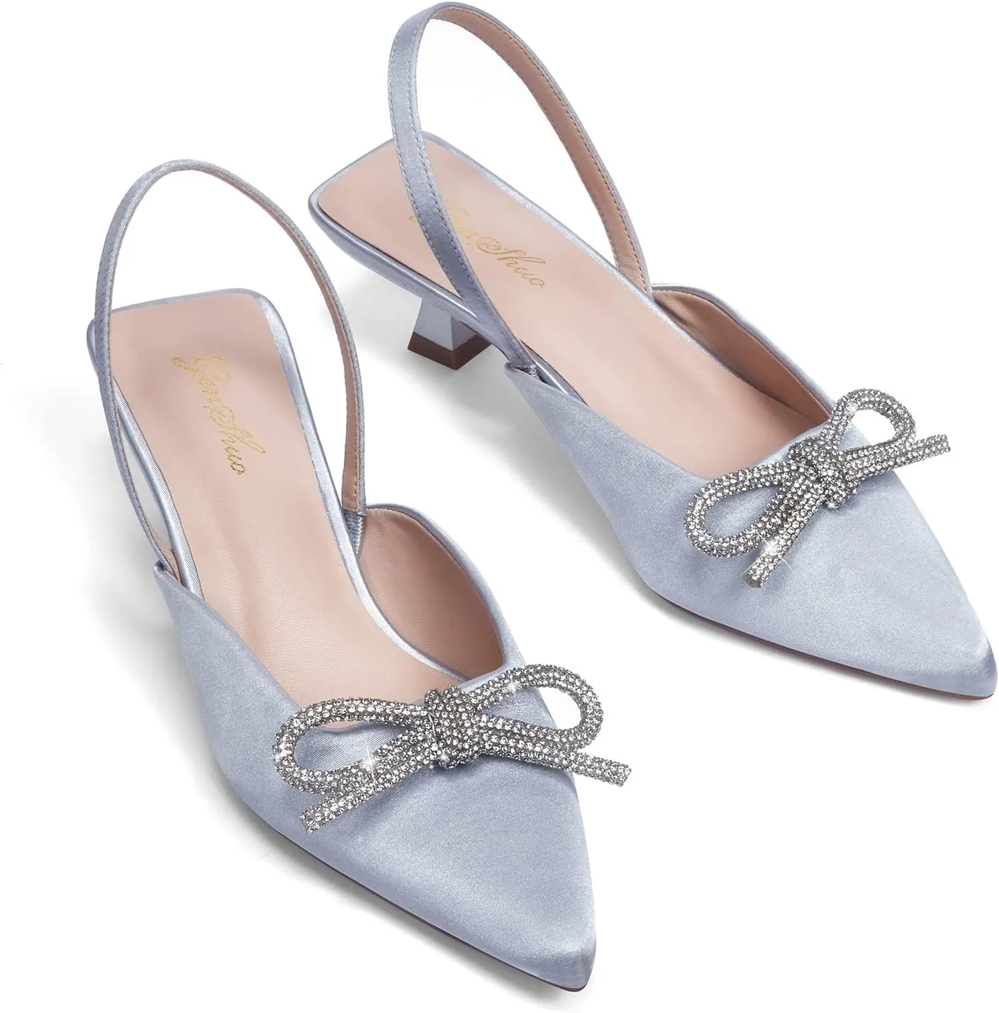 GENSHUO Slingback Rhinestone Bow Heels for Women Closed Pointed Toe Kitten Pumps Slip On Stilettos Wedding Bride Dress Shoes