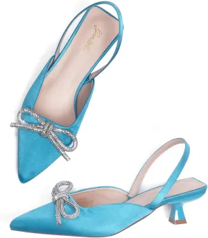 GENSHUO Slingback Rhinestone Bow Heels for Women Closed Pointed Toe Kitten Pumps Slip On Stilettos Wedding Bride Dress Shoes