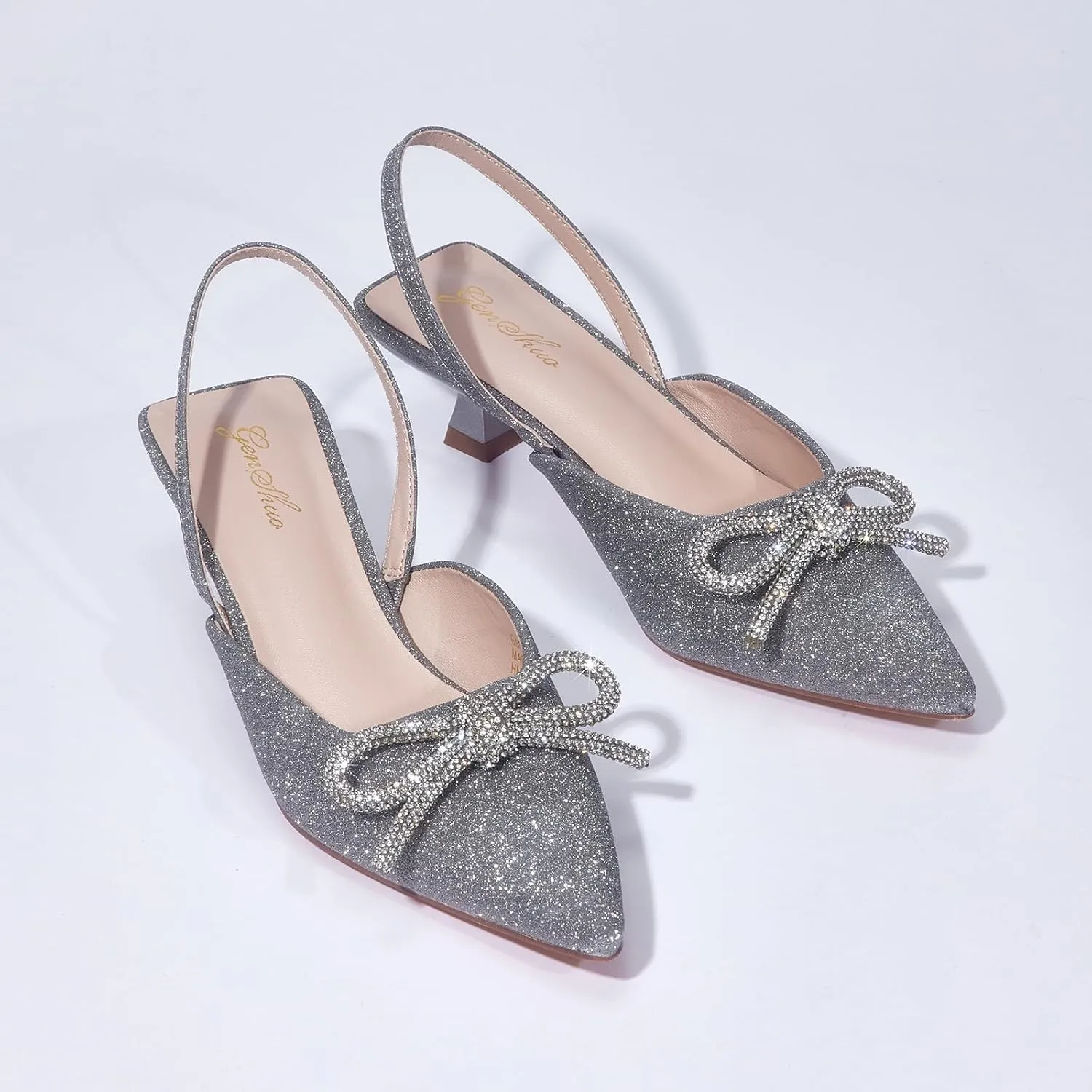 GENSHUO Slingback Rhinestone Bow Heels for Women Closed Pointed Toe Kitten Pumps Slip On Stilettos Wedding Bride Dress Shoes