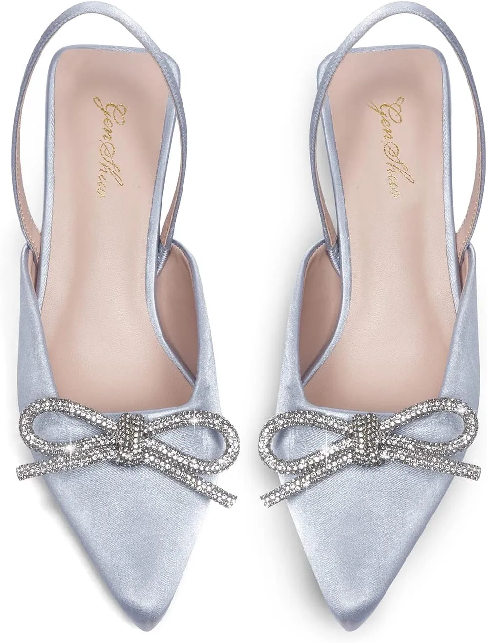 GENSHUO Slingback Rhinestone Bow Heels for Women Closed Pointed Toe Kitten Pumps Slip On Stilettos Wedding Bride Dress Shoes