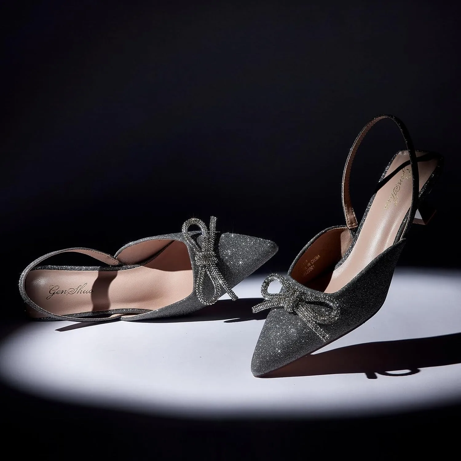 GENSHUO Slingback Rhinestone Bow Heels for Women Closed Pointed Toe Kitten Pumps Slip On Stilettos Wedding Bride Dress Shoes