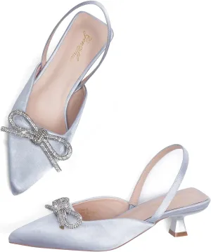 GENSHUO Slingback Rhinestone Bow Heels for Women Closed Pointed Toe Kitten Pumps Slip On Stilettos Wedding Bride Dress Shoes