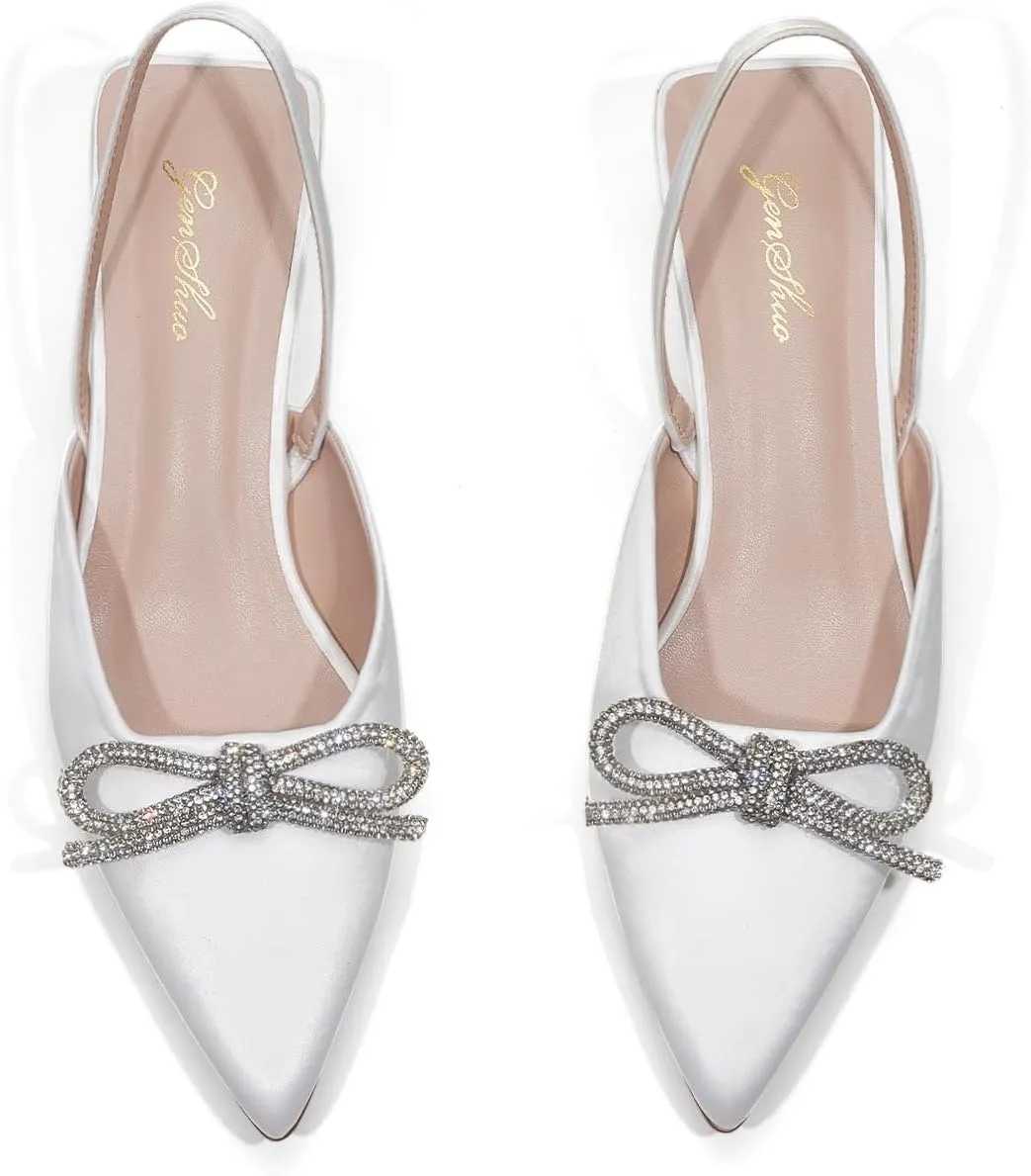 GENSHUO Slingback Rhinestone Bow Heels for Women Closed Pointed Toe Kitten Pumps Slip On Stilettos Wedding Bride Dress Shoes