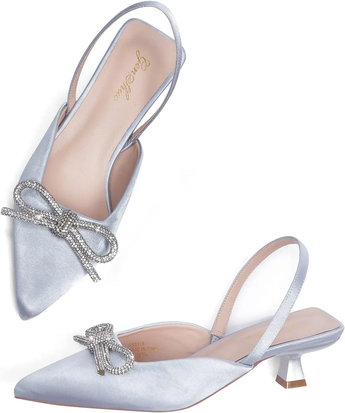 GENSHUO Slingback Rhinestone Bow Heels for Women Closed Pointed Toe Kitten Pumps Slip On Stilettos Wedding Bride Dress Shoes