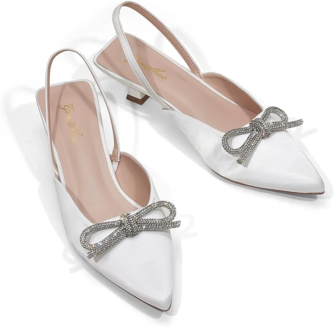 GENSHUO Slingback Rhinestone Bow Heels for Women Closed Pointed Toe Kitten Pumps Slip On Stilettos Wedding Bride Dress Shoes