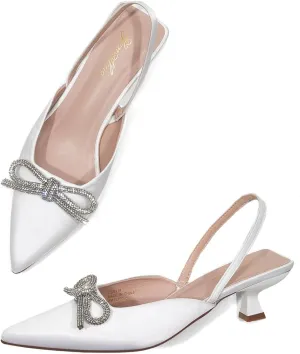 GENSHUO Slingback Rhinestone Bow Heels for Women Closed Pointed Toe Kitten Pumps Slip On Stilettos Wedding Bride Dress Shoes