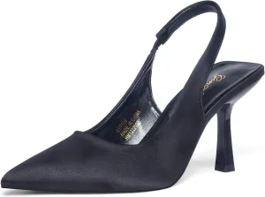 GENSHUO Women's Slingback Kitten Heel Pointed Closed Toe Stiletto Pumps Slip on Elastic Strap Wedding Party Dress Sandals Shoes
