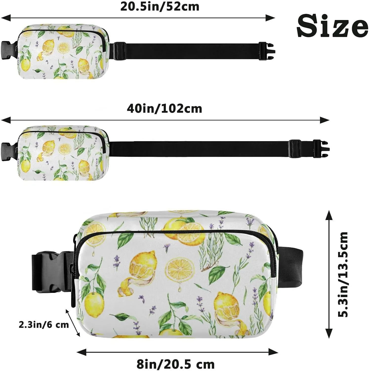 Hand Drawn Seamless Yellow Lemons Lavender Flowers Leaves on White Adjustable Belt Running Bag, Crossbody Fanny Pack Waist Runners Bag Tote for Women Men Sports Hiking Fitness Exercise Gym Pouch