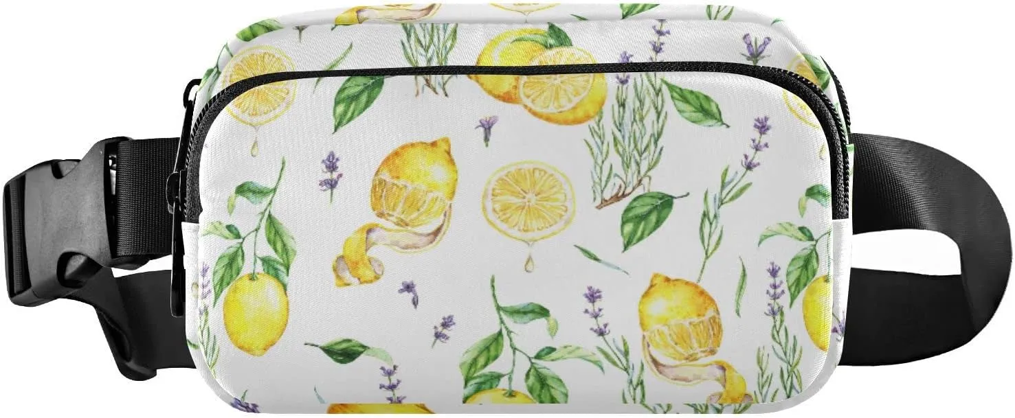Hand Drawn Seamless Yellow Lemons Lavender Flowers Leaves on White Adjustable Belt Running Bag, Crossbody Fanny Pack Waist Runners Bag Tote for Women Men Sports Hiking Fitness Exercise Gym Pouch