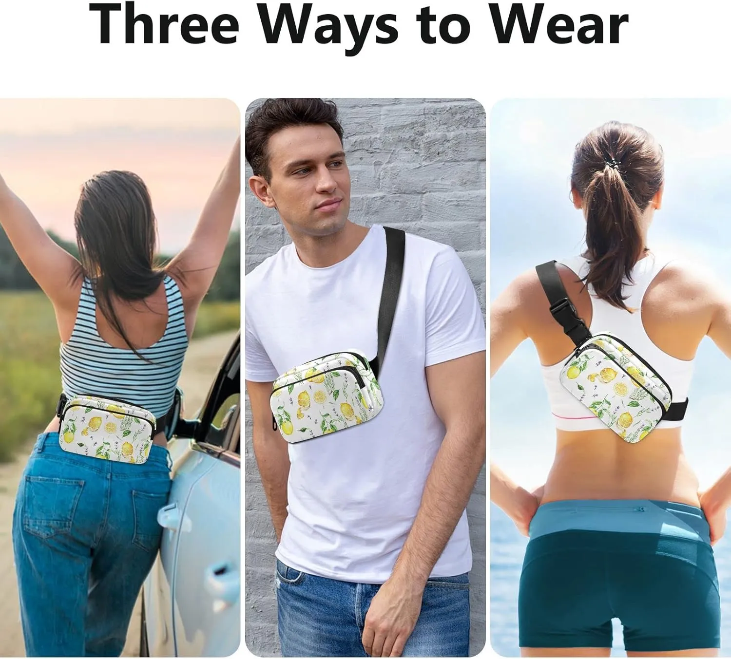 Hand Drawn Seamless Yellow Lemons Lavender Flowers Leaves on White Adjustable Belt Running Bag, Crossbody Fanny Pack Waist Runners Bag Tote for Women Men Sports Hiking Fitness Exercise Gym Pouch