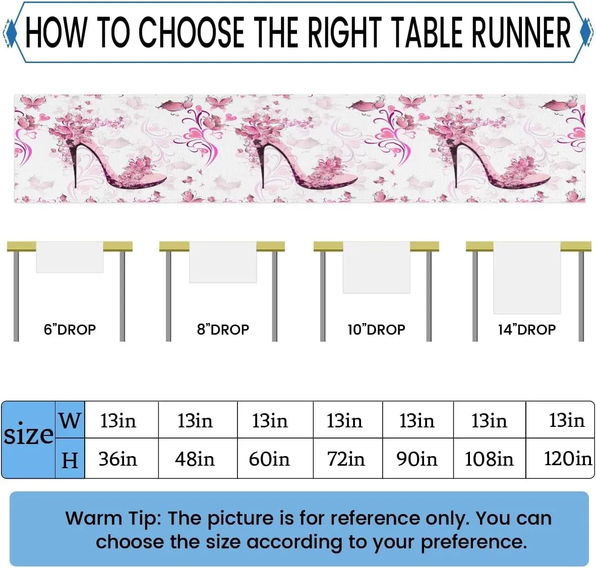 Hand Painted Heart Flower High Heels Table Runner Kitchen Dining Table Runner 13*60in Table Center Decor for Indoor Outdoor Home Holiday Party