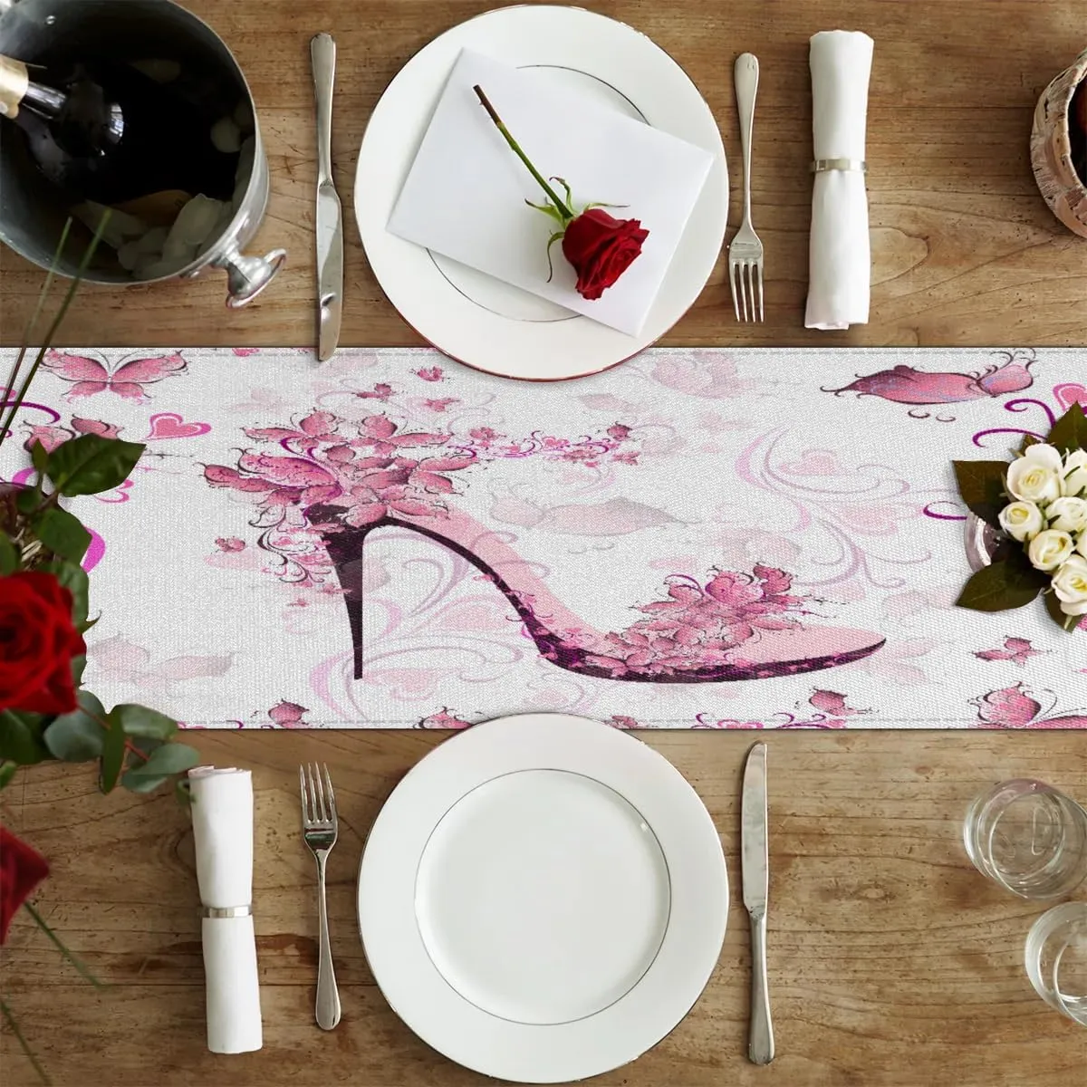 Hand Painted Heart Flower High Heels Table Runner Kitchen Dining Table Runner 13*60in Table Center Decor for Indoor Outdoor Home Holiday Party