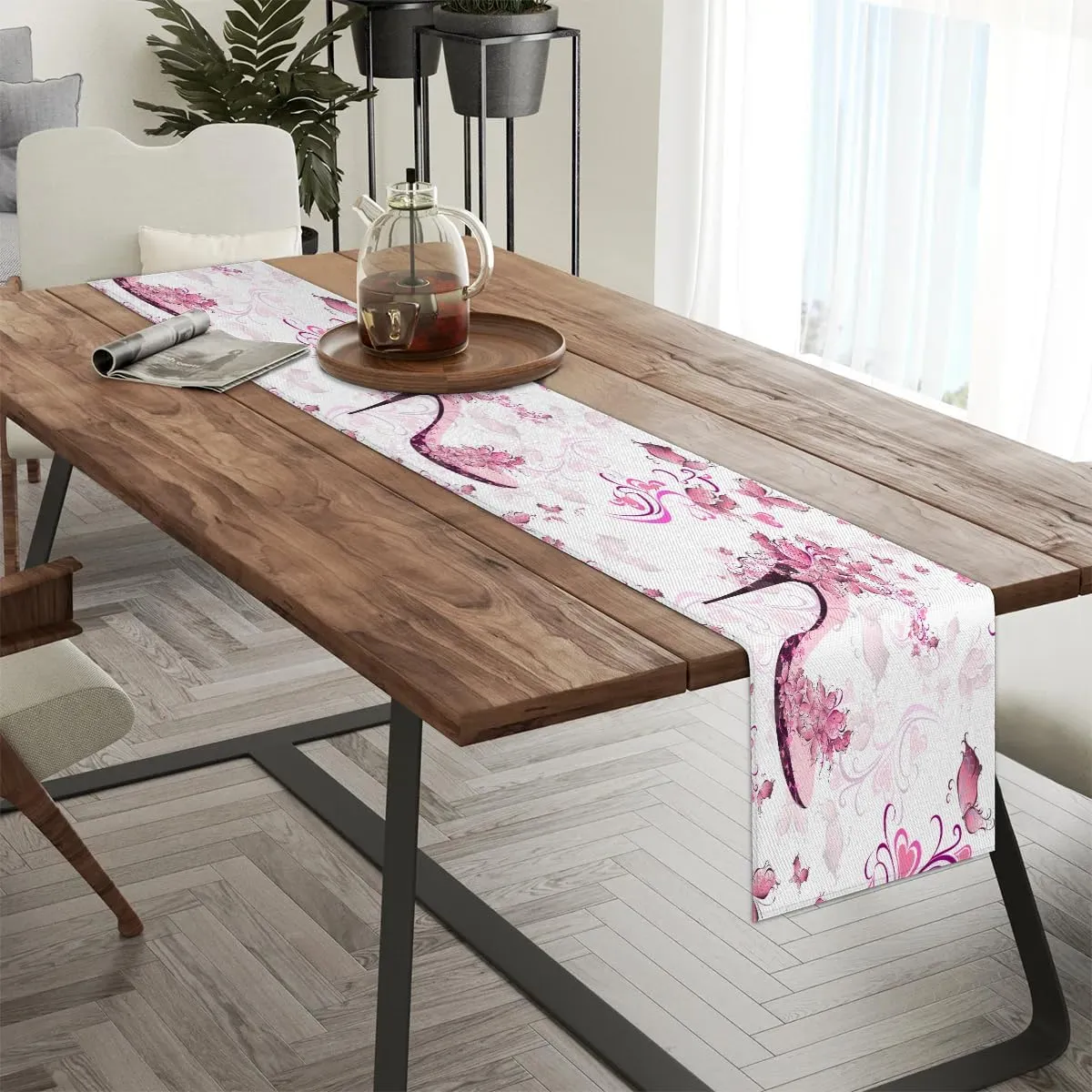 Hand Painted Heart Flower High Heels Table Runner Kitchen Dining Table Runner 13*60in Table Center Decor for Indoor Outdoor Home Holiday Party