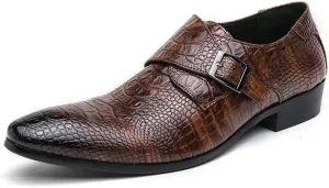 HOOENG Formal Shoes for Men Slip On Pointed Burnished Toe Faux Leather Crocodile Print Monk Strap Block Heel Slip Resistant Anti-Slip Outdoor(Color:Brown,Size:9)