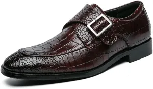 HOOENG Formal Shoes for Men Slip on Split Toe Crocodile Embossed Monk Strap Leather Anti-Slip Low Top Rubber Sole Non Slip Walking (Color : Brown, Size : 7.5)